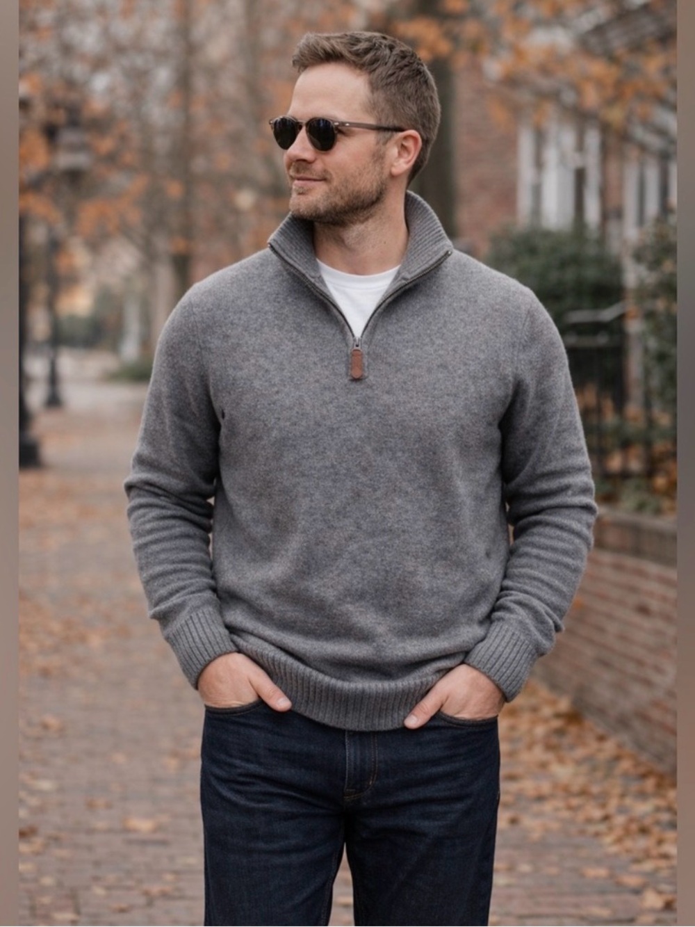 J. Crew Men's Gray Half-Zip Sweater with Leather Pull